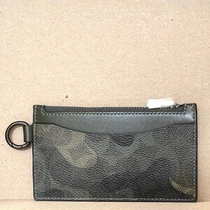 Coach CZ010 Zip Card Case Green Camo Leather Expandable Wallet D-Ring Clip